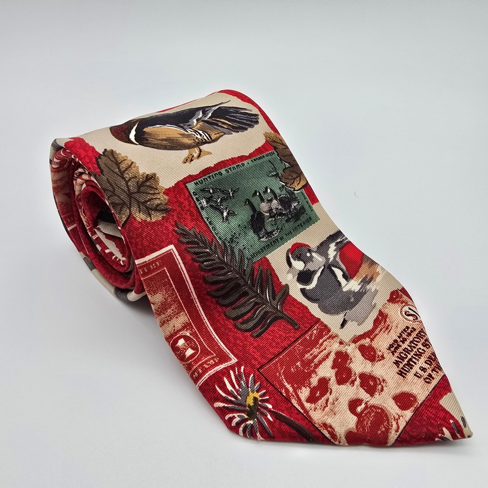 Roundtree & Yorke Mens Silk Tie Red Duck Migratory Bird Hunting Stamp Novelty